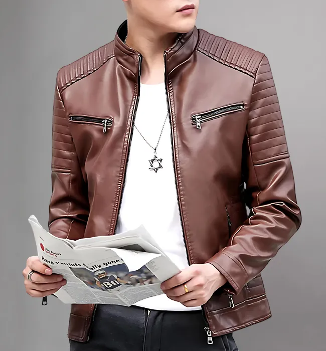 Men's Leather Jacket Stand Collar Motorcycle Jacket