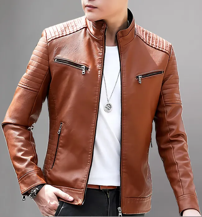 Men's Leather Jacket Stand Collar Motorcycle Jacket