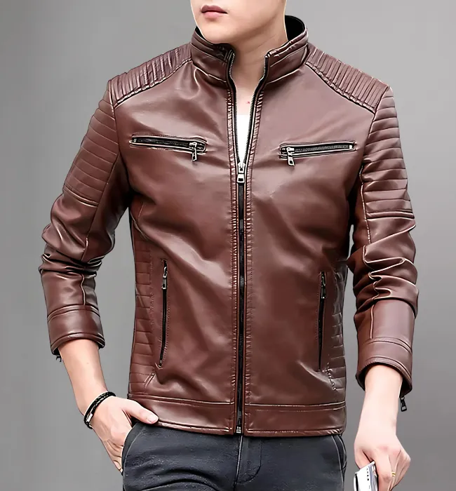 Men's Leather Jacket Stand Collar Motorcycle Jacket