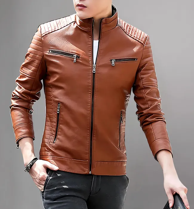 Men's Leather Jacket Stand Collar Motorcycle Jacket