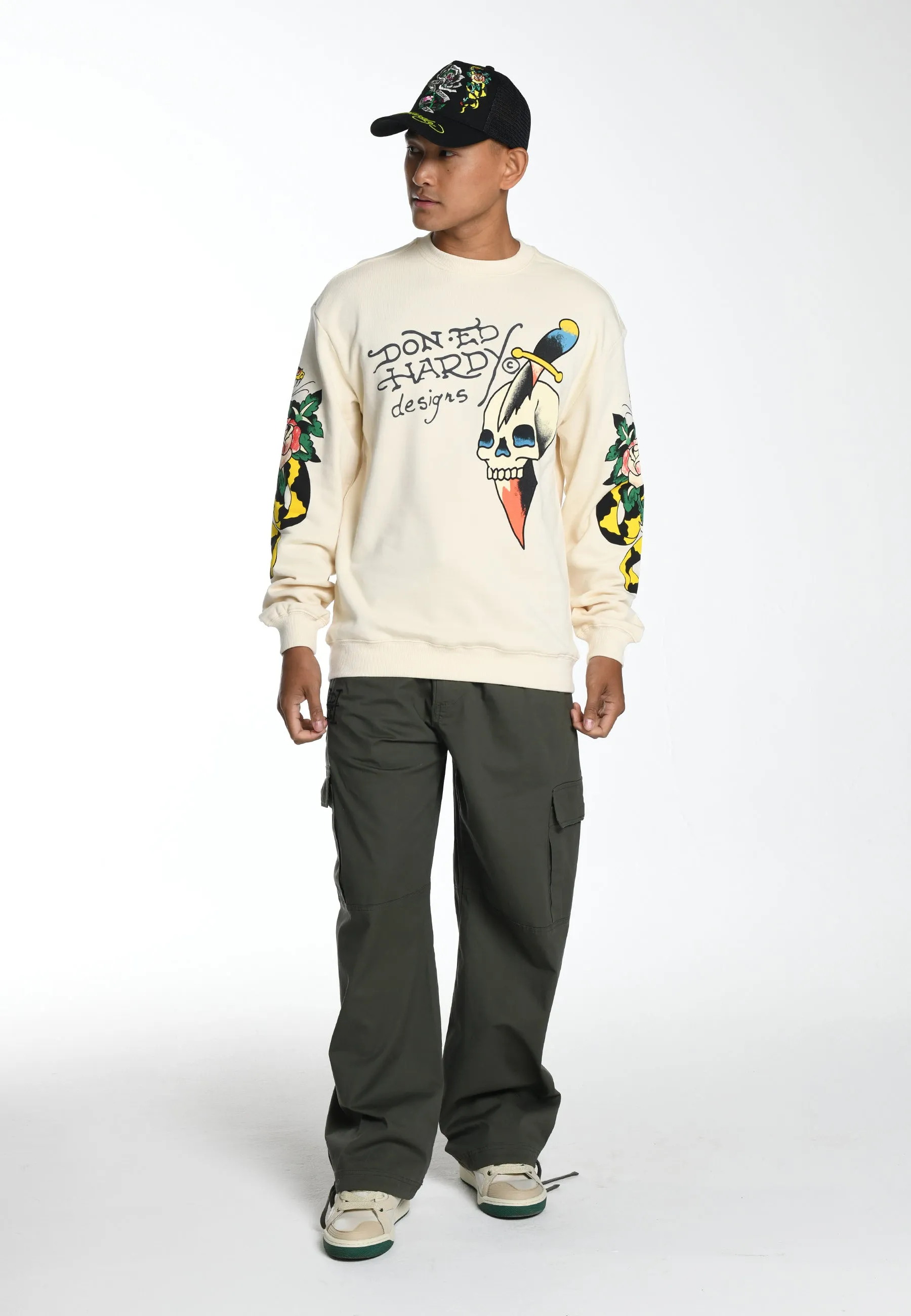 Mens Skull-Dagz Graphic Crew Neck Sweatshirt - Beige