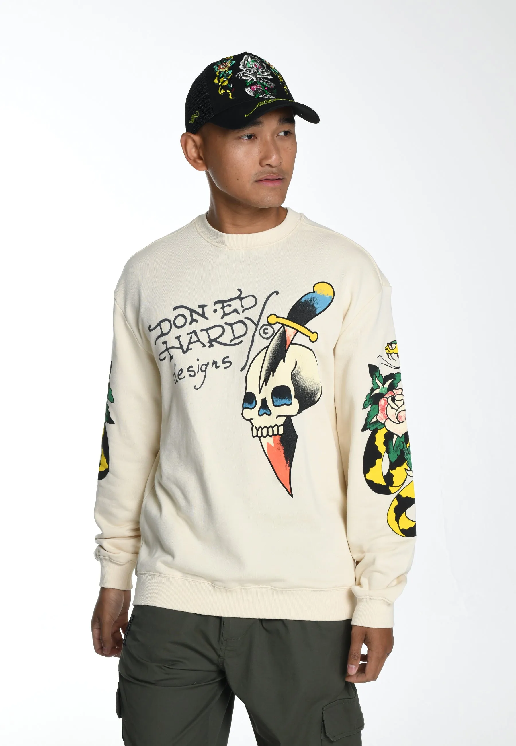 Mens Skull-Dagz Graphic Crew Neck Sweatshirt - Beige