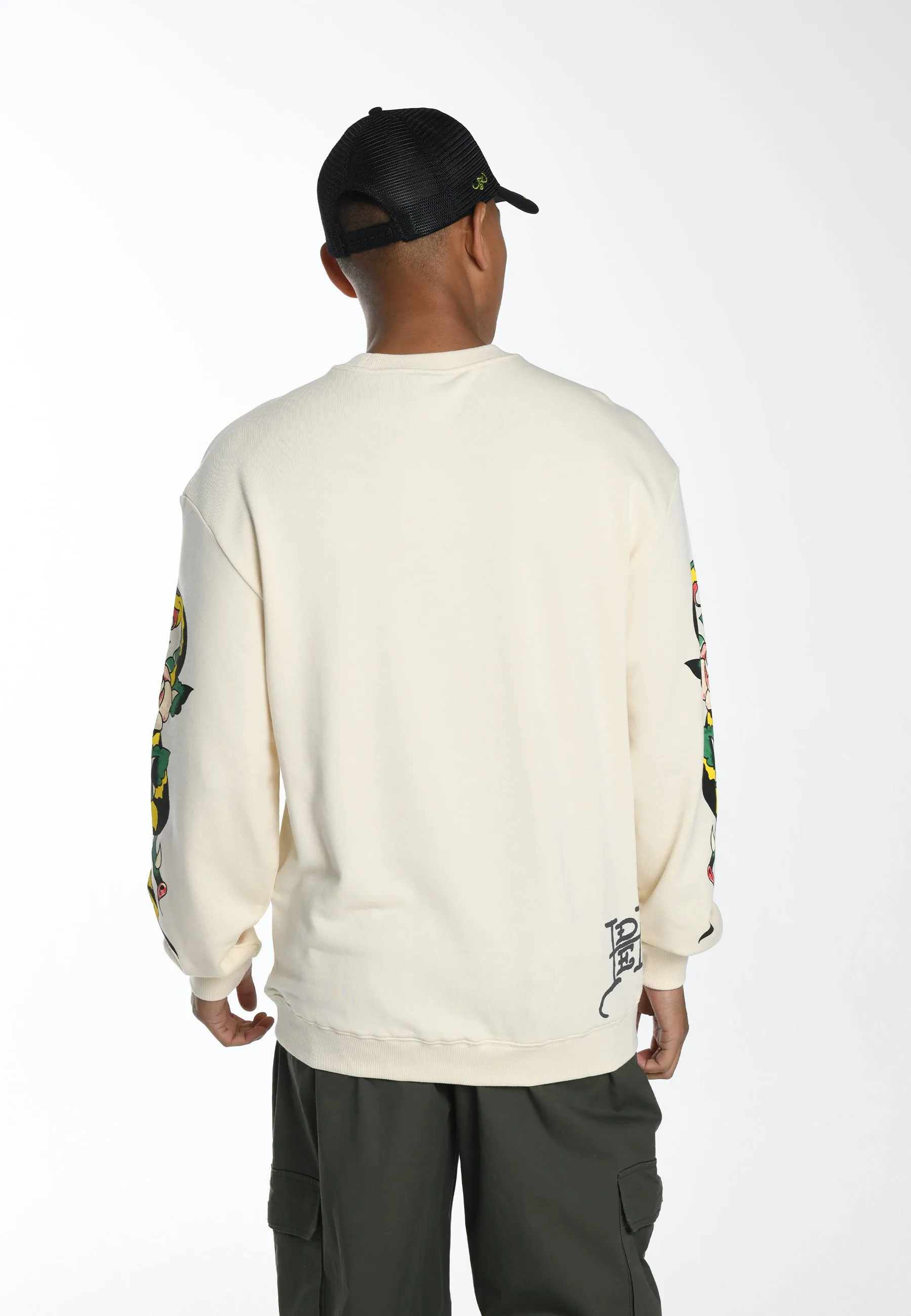 Mens Skull-Dagz Graphic Crew Neck Sweatshirt - Beige