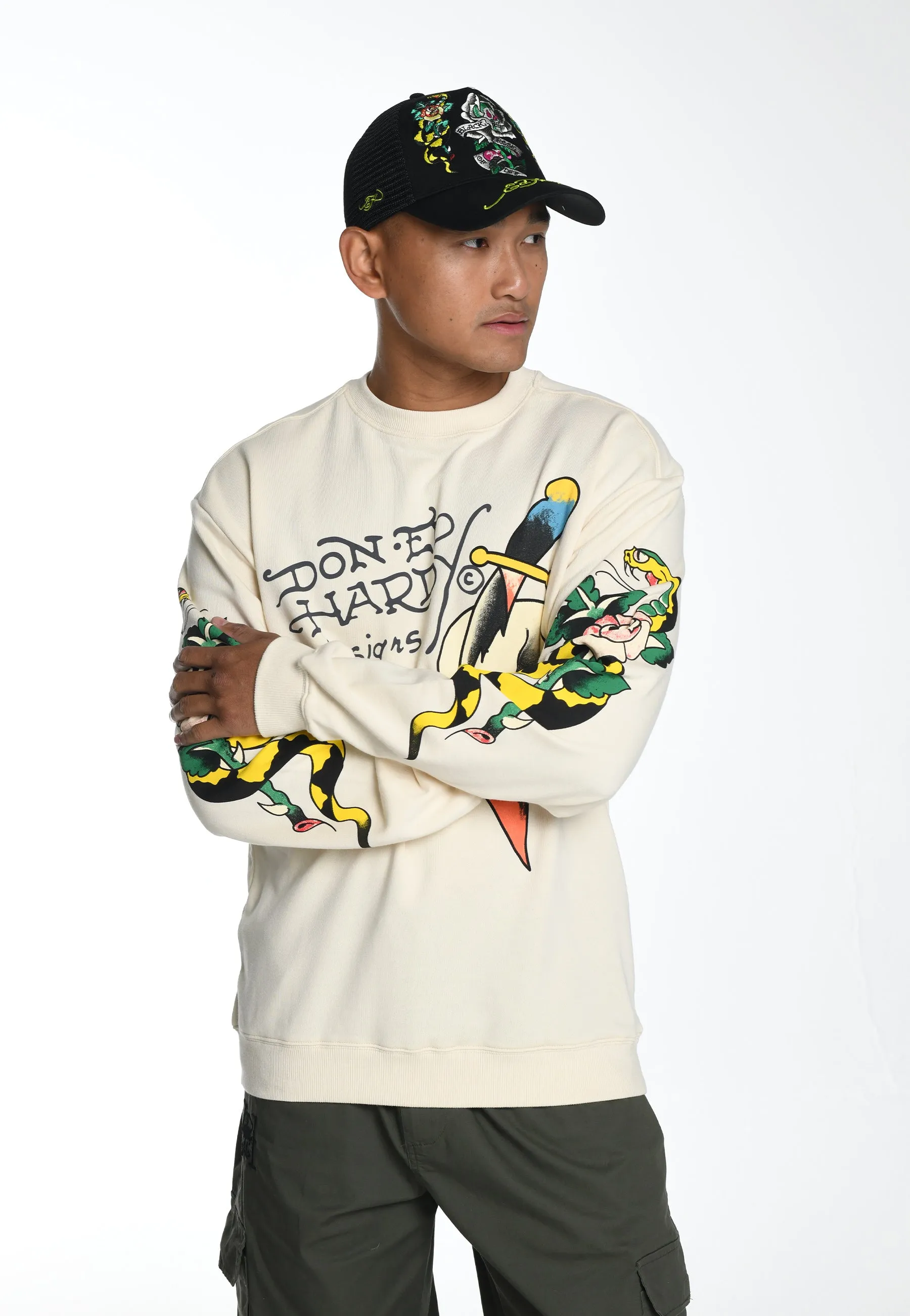 Mens Skull-Dagz Graphic Crew Neck Sweatshirt - Beige