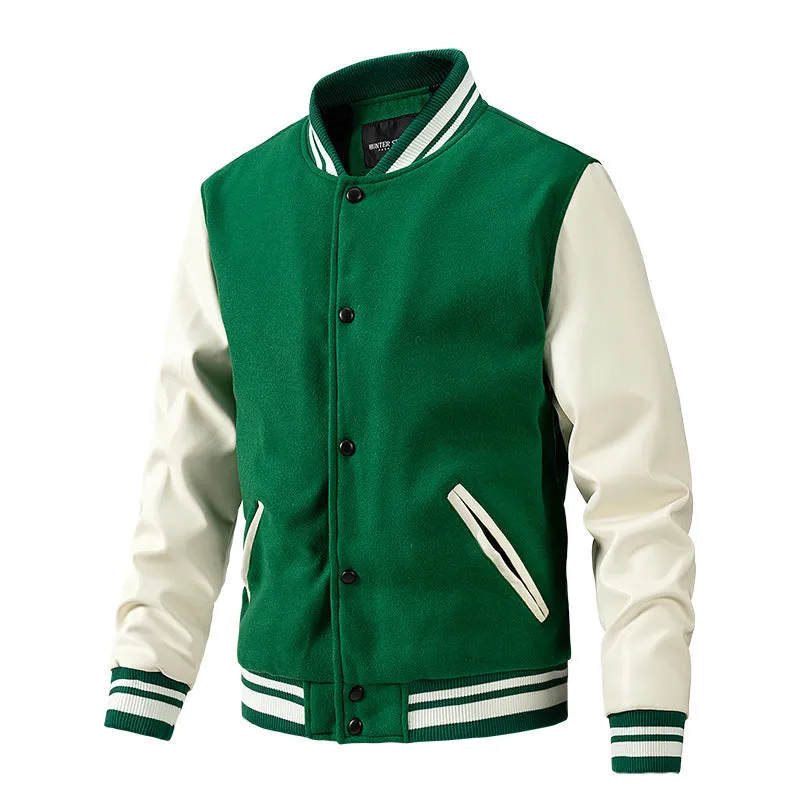 Men's Spring and Autumn New Baseball Collar Jacket with Color blocked Cotton and Large Size Woolen Jacket for Men