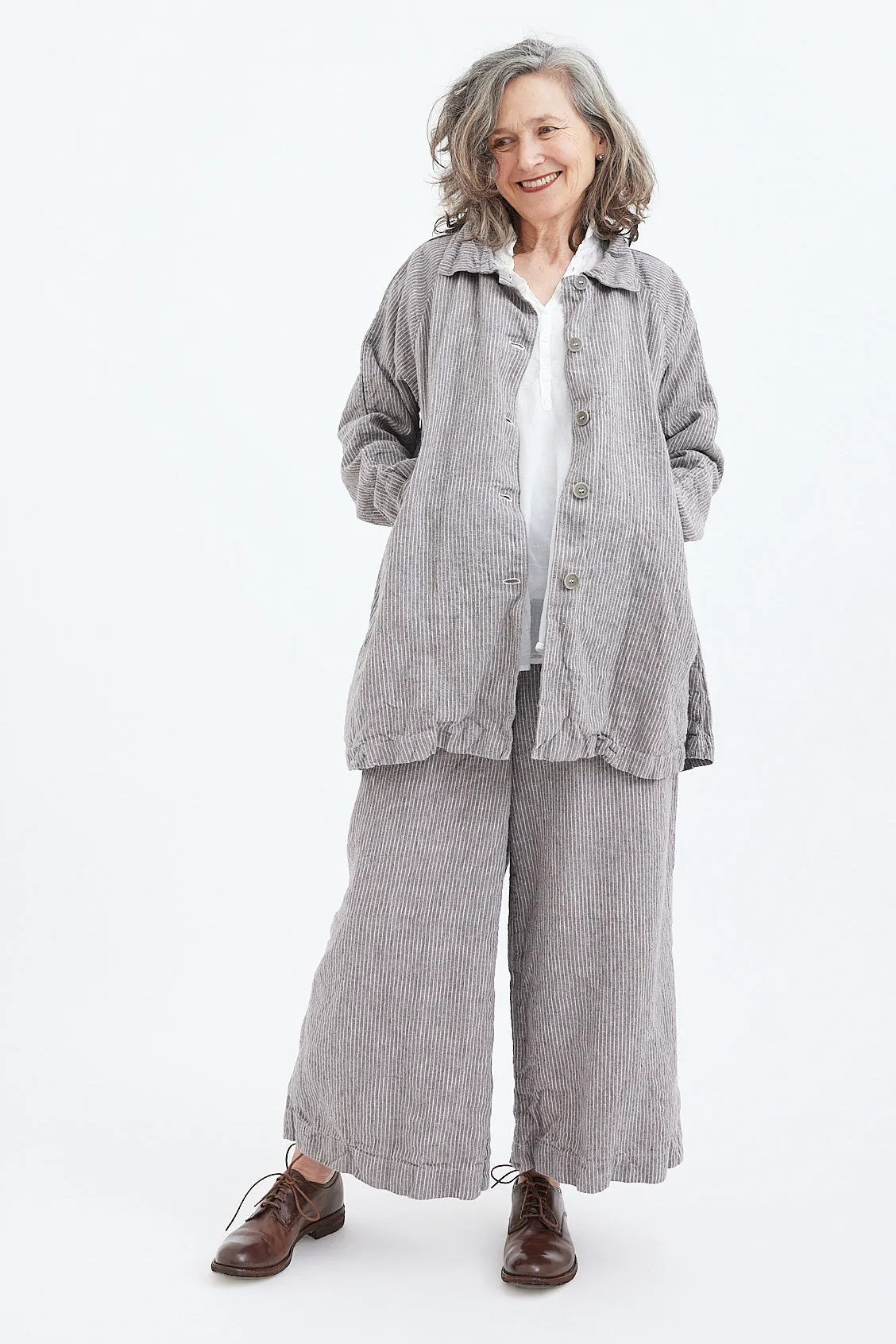 Metta - Garden Coat - Pebble Grey Stripe Linen