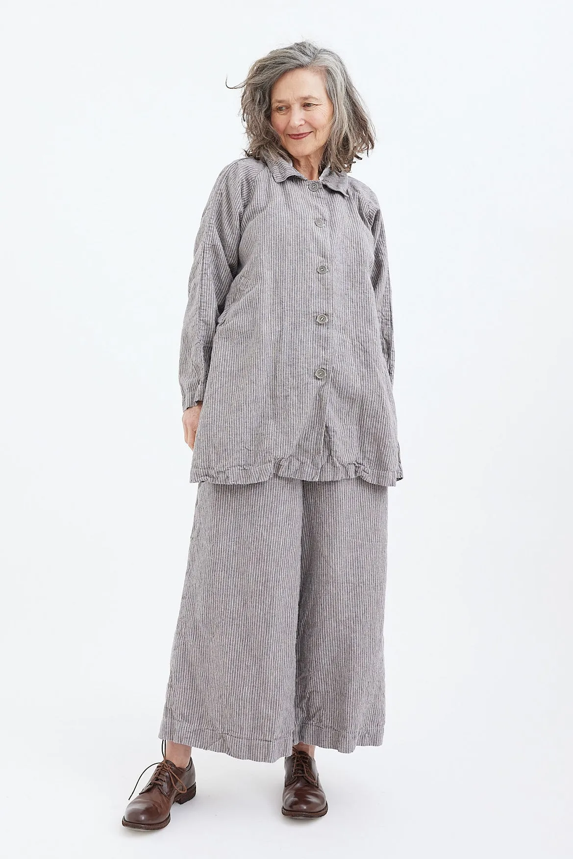 Metta - Garden Coat - Pebble Grey Stripe Linen