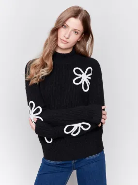 Mock Neck Floral Sweater - Black