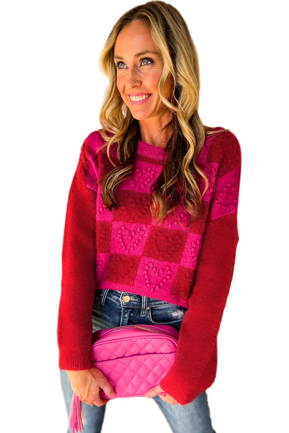 Multicolor Checkered Pattern Heart Detail Textured Sweater