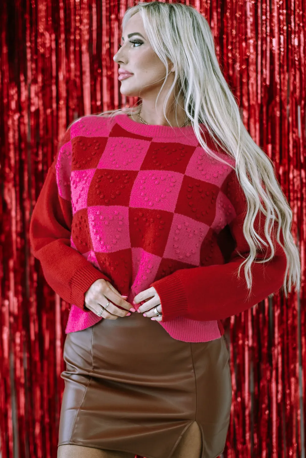 Multicolor Checkered Pattern Heart Detail Textured Sweater