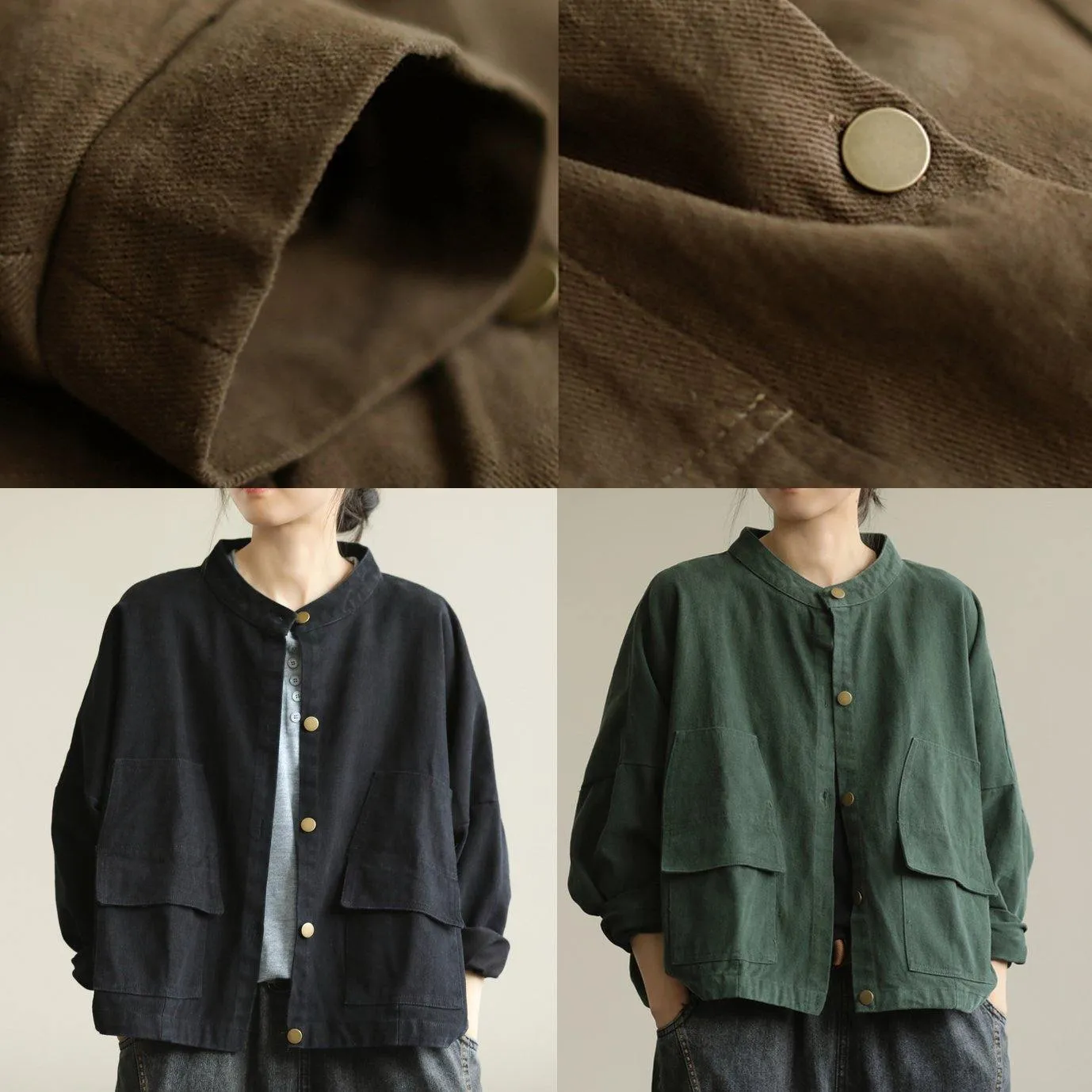 Natural stand collar Button Down Fine tunic coat green box jackets