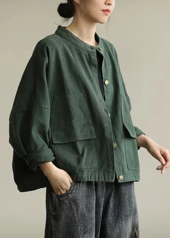 Natural stand collar Button Down Fine tunic coat green box jackets