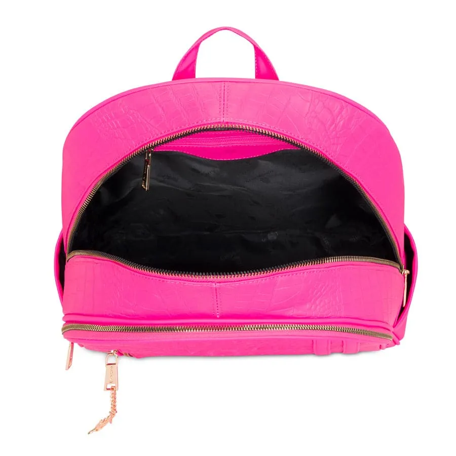 Neon Pink Apollo 2 Faux Crocodile Skin Backpack & Rolling Duffle Bag