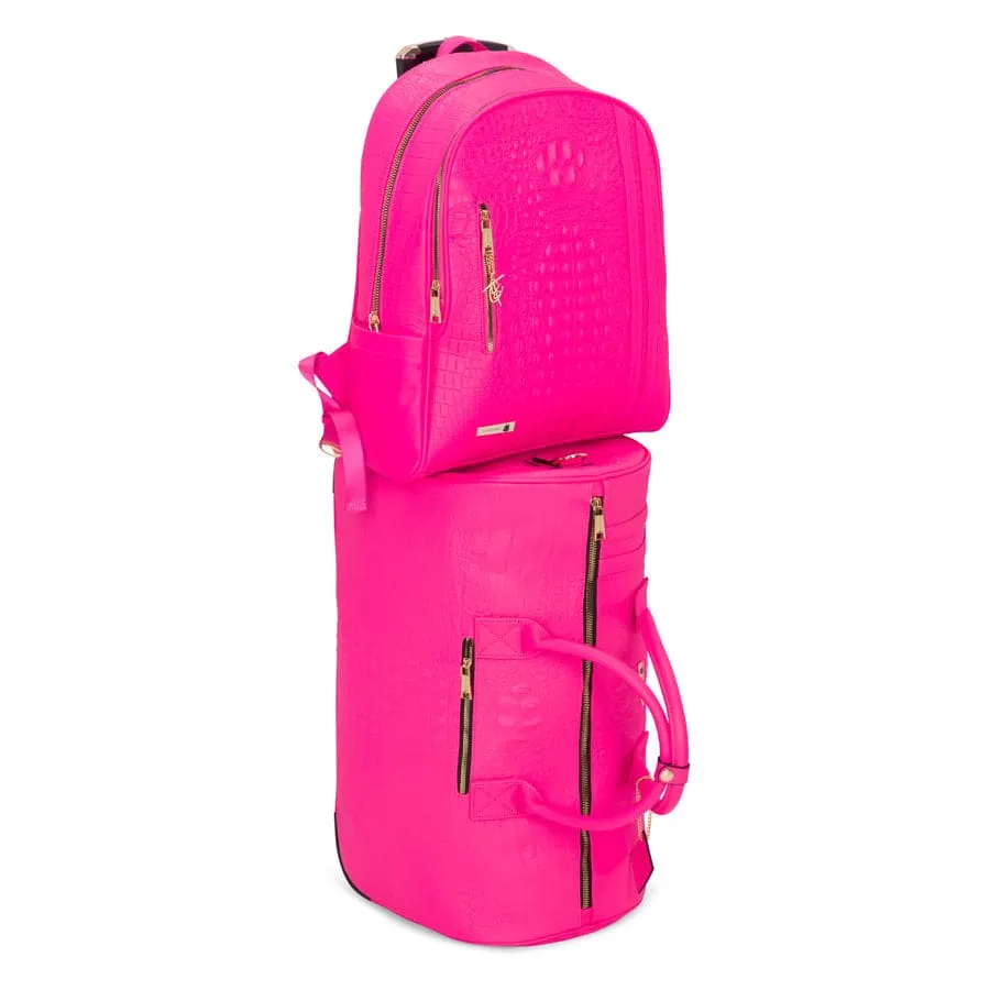 Neon Pink Apollo 2 Faux Crocodile Skin Backpack & Rolling Duffle Bag