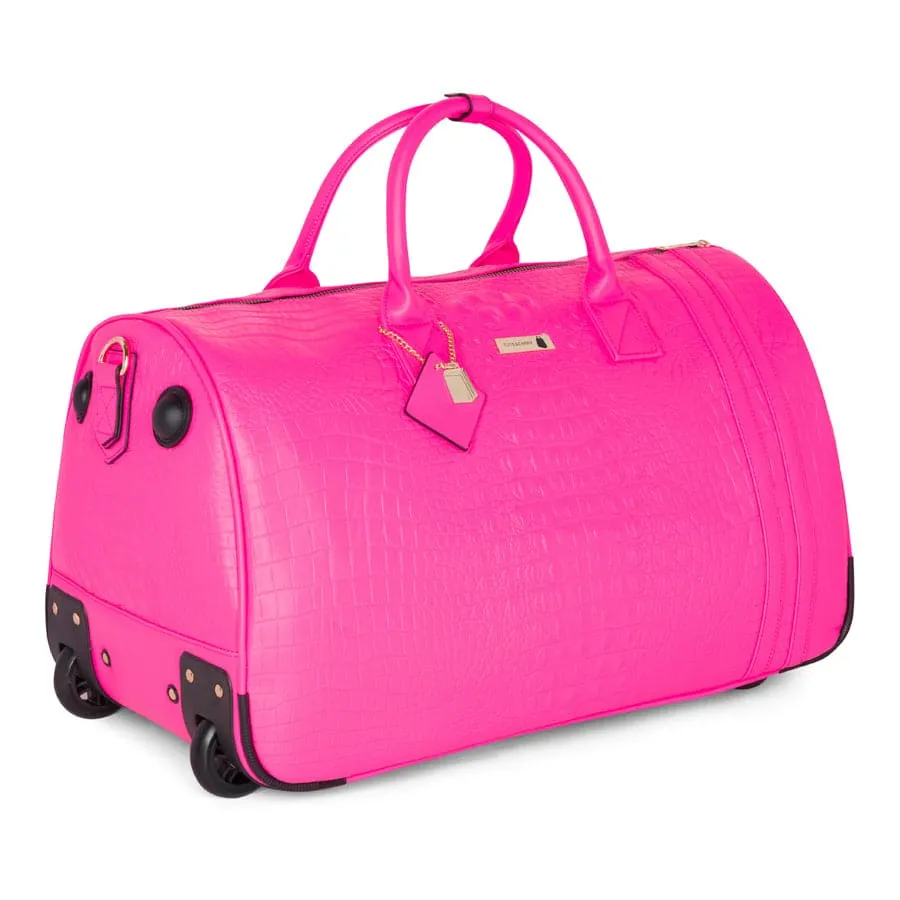 Neon Pink Apollo 2 Faux Crocodile Skin Backpack & Rolling Duffle Bag