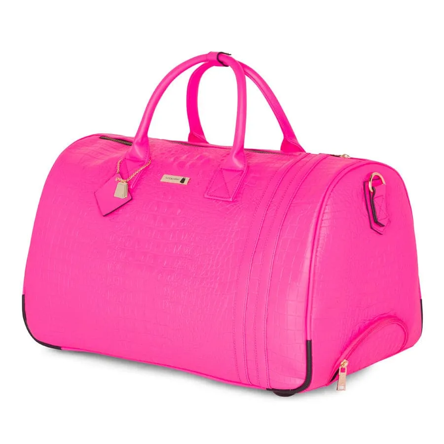 Neon Pink Apollo 2 Faux Crocodile Skin Backpack & Rolling Duffle Bag