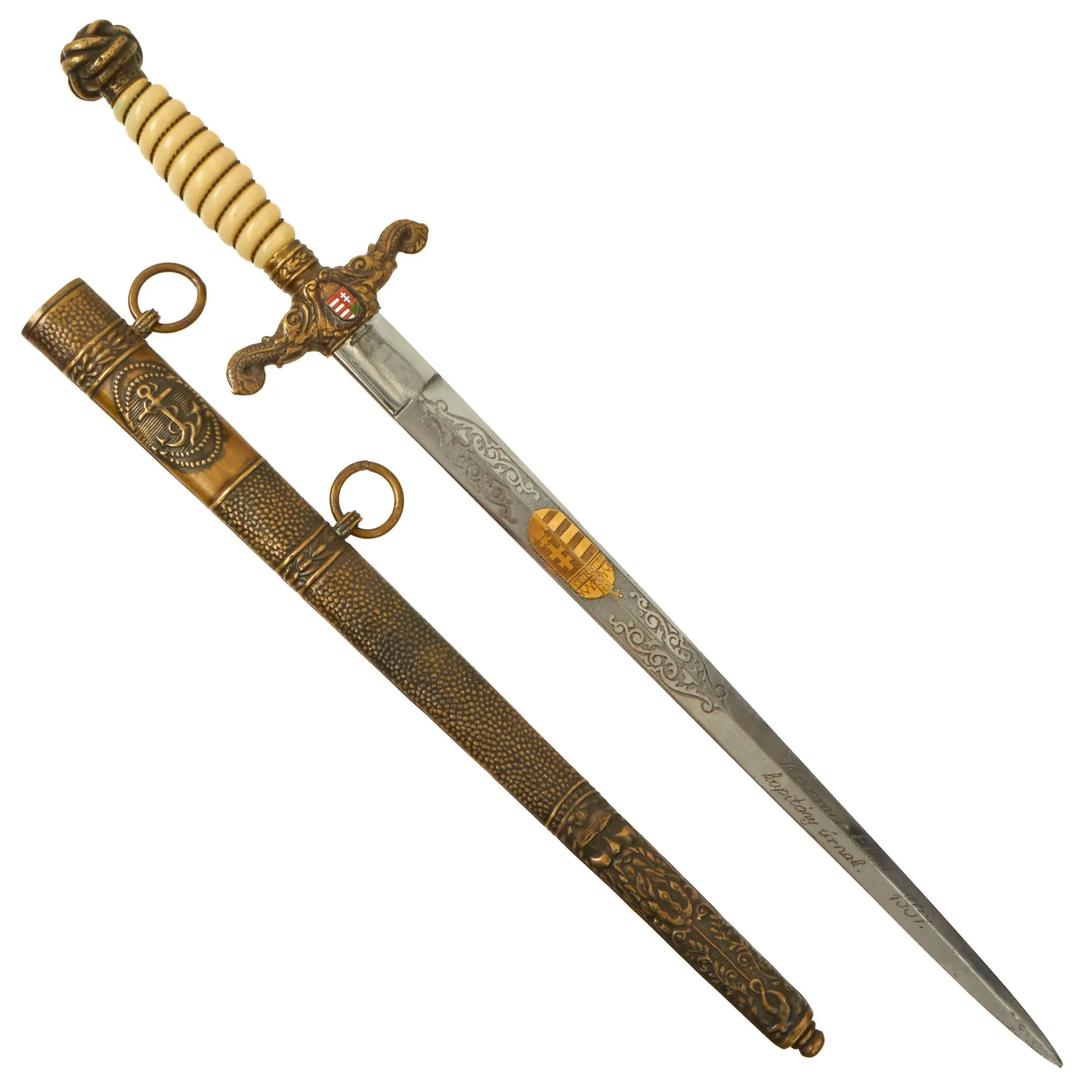 Original Hungarian Early WWII Era Kingdom of Hungary Naval Officer Dress Dagger With Ornate Blade and Brass Scabbard