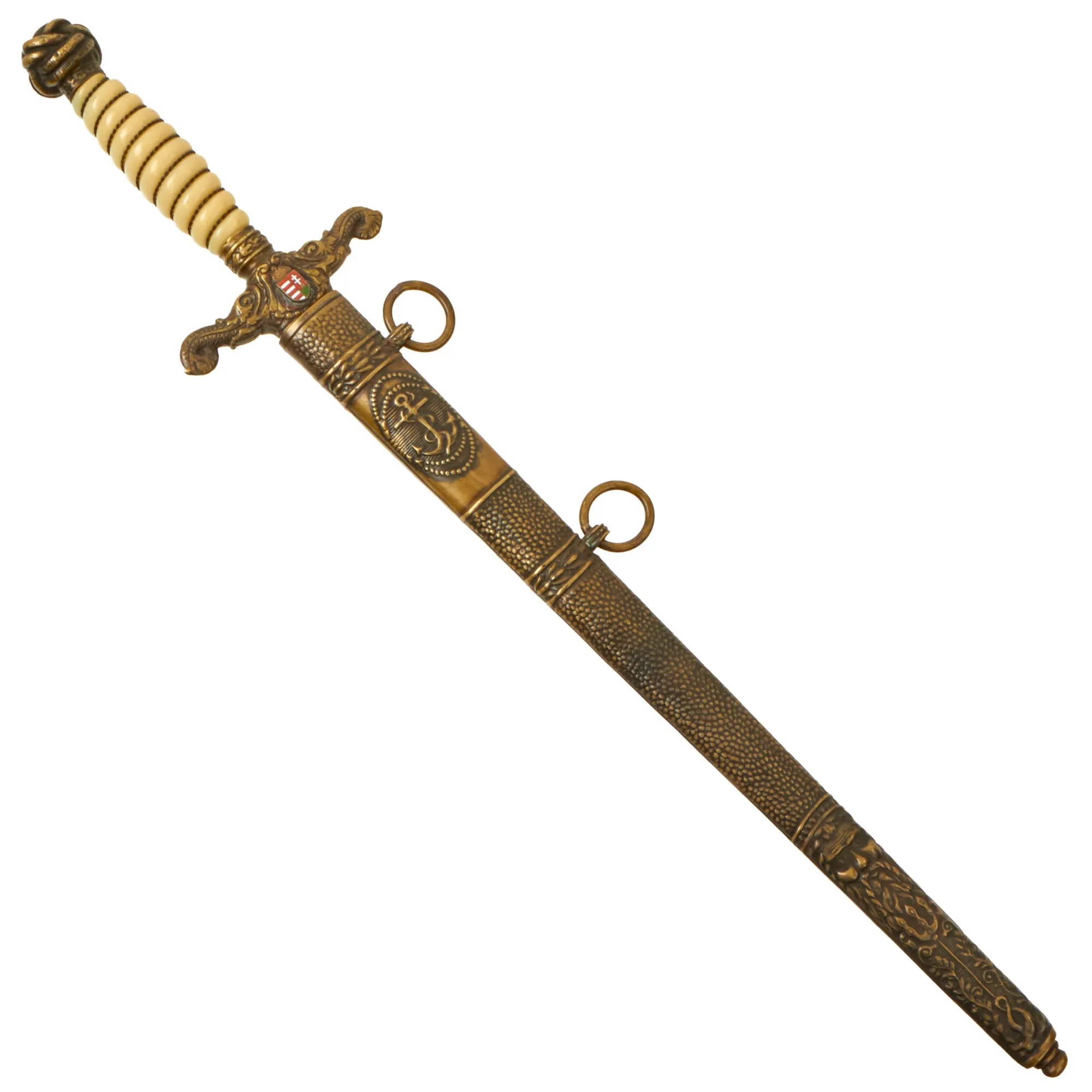 Original Hungarian Early WWII Era Kingdom of Hungary Naval Officer Dress Dagger With Ornate Blade and Brass Scabbard