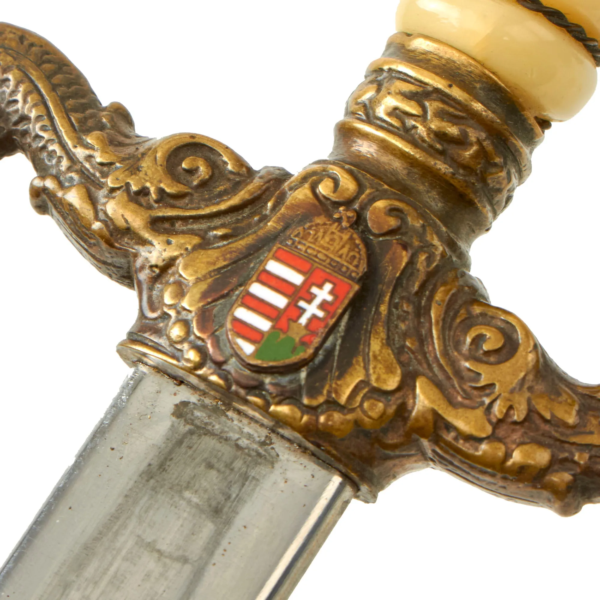 Original Hungarian Early WWII Era Kingdom of Hungary Naval Officer Dress Dagger With Ornate Blade and Brass Scabbard