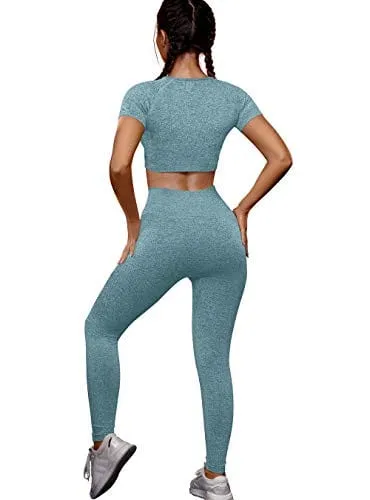 OYS Womens Yoga 2 Pieces Workout Outfits Seamless High Waist leggings Sports Crop Top Running Sets Green