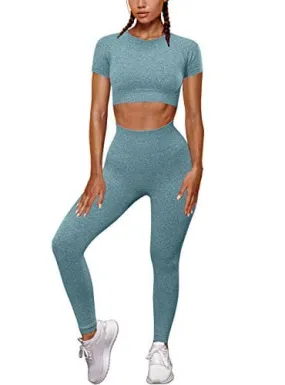 OYS Womens Yoga 2 Pieces Workout Outfits Seamless High Waist leggings Sports Crop Top Running Sets Green