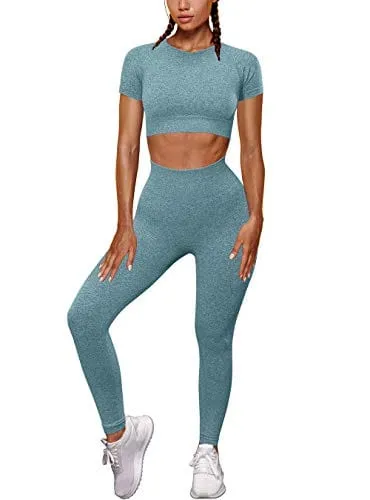 OYS Womens Yoga 2 Pieces Workout Outfits Seamless High Waist leggings Sports Crop Top Running Sets Green