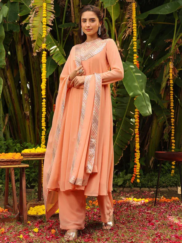 Peach Georgette Sequined Detailing Anarkali Suit Set with Dupatta