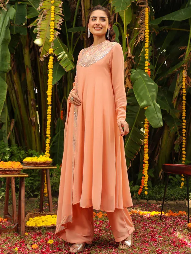 Peach Georgette Sequined Detailing Anarkali Suit Set with Dupatta