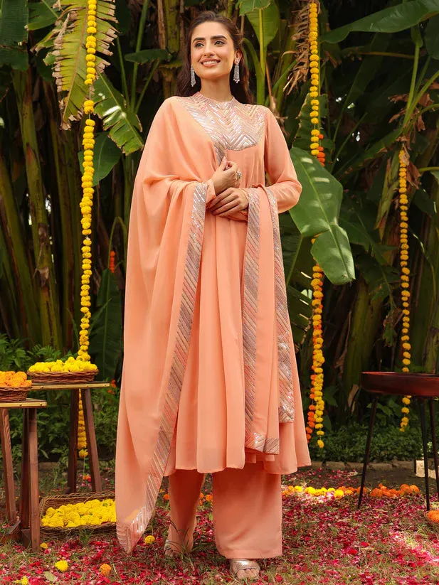 Peach Georgette Sequined Detailing Anarkali Suit Set with Dupatta