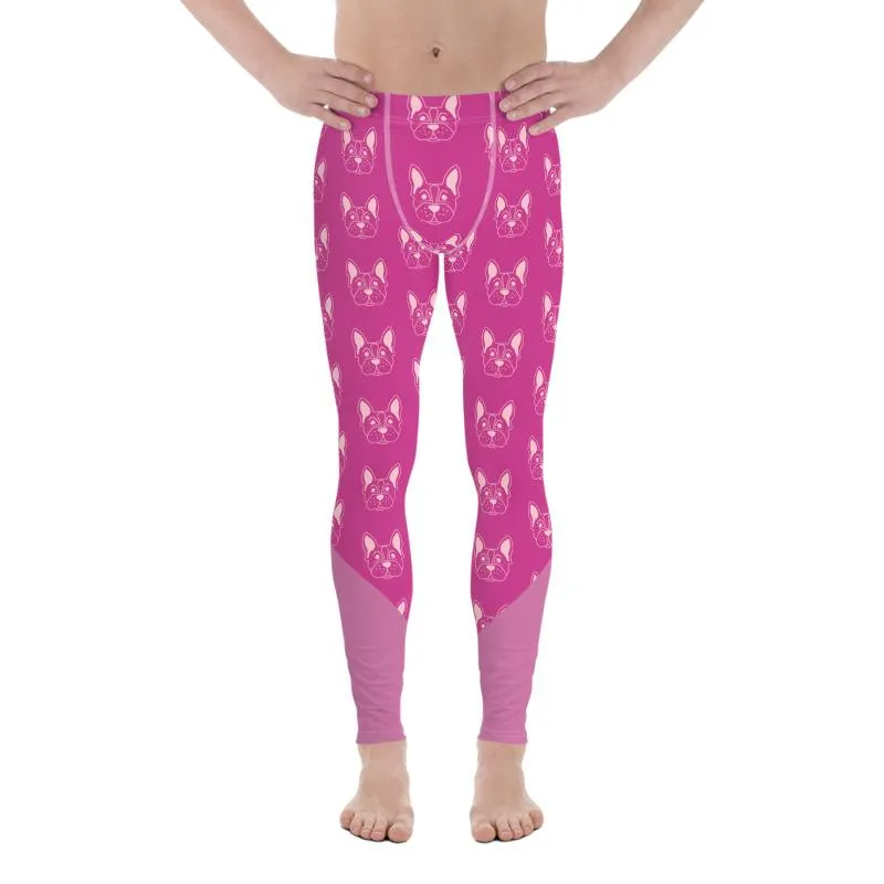 Pink French Bulldog Designer Men's Leggings Meggings Compression Best Tights Pants- Made in USA/ EU/ MX