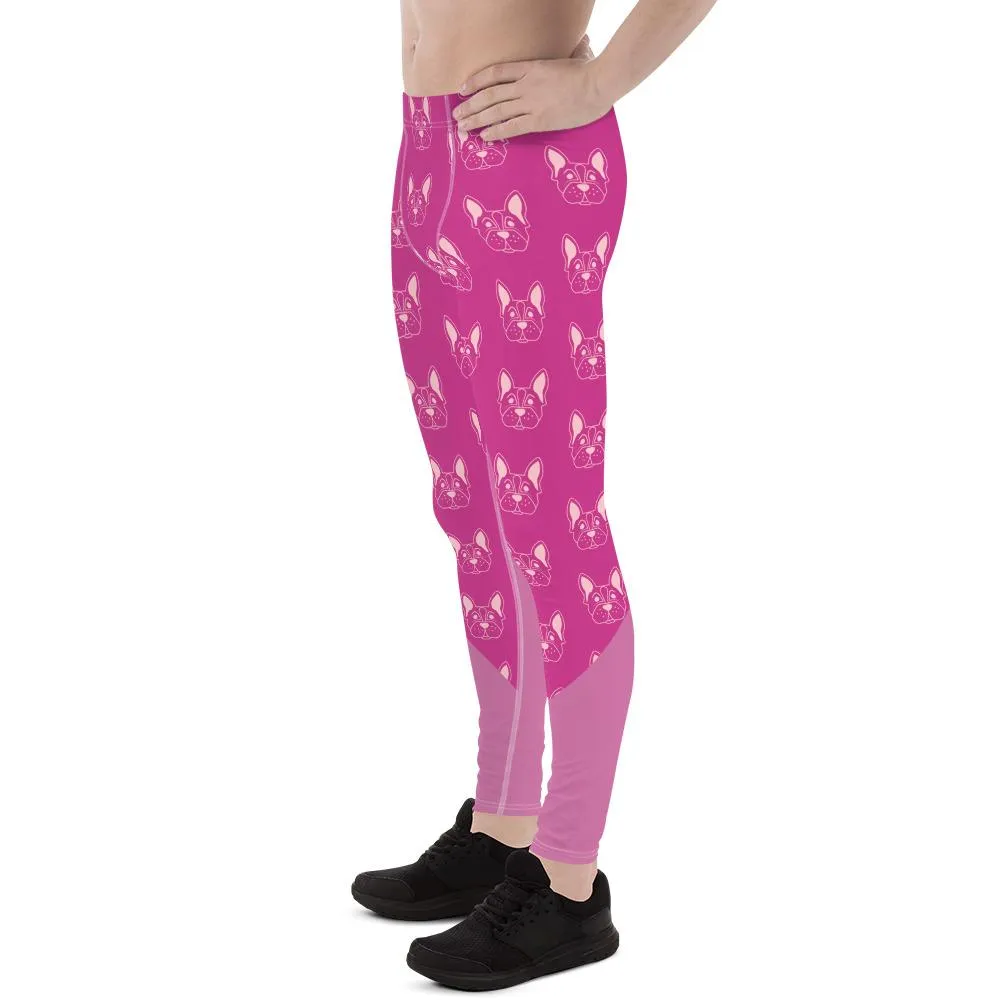 Pink French Bulldog Designer Men's Leggings Meggings Compression Best Tights Pants- Made in USA/ EU/ MX