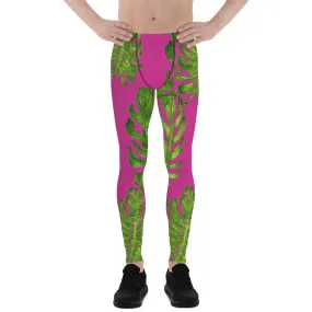 Pink Green Tropical Men's Leggings, Hot Pink Green Tropical Leaf Print Men's Leggings Pants-Made in USA/EU (US Size: XS-3XL)