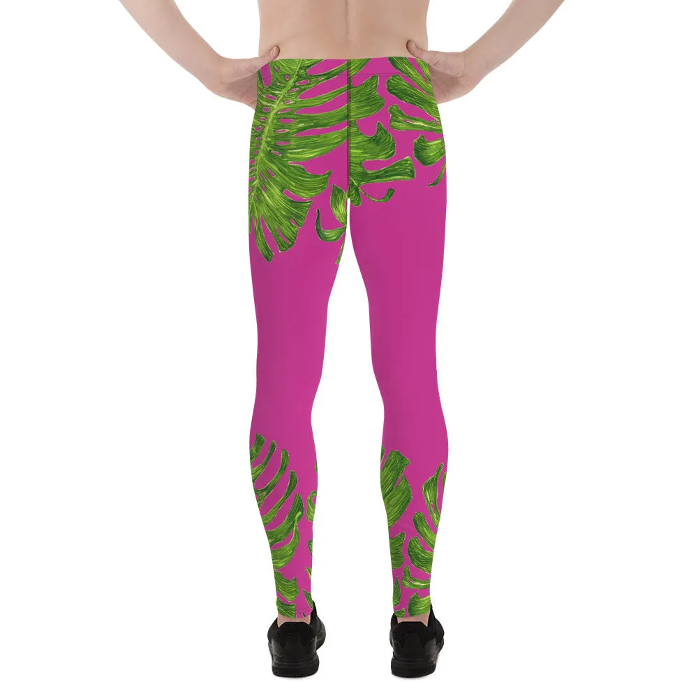 Pink Green Tropical Men's Leggings, Hot Pink Green Tropical Leaf Print Men's Leggings Pants-Made in USA/EU (US Size: XS-3XL)