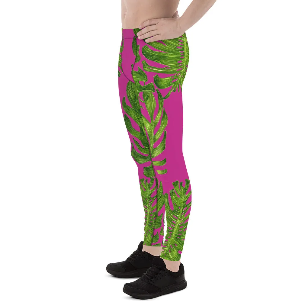 Pink Green Tropical Men's Leggings, Hot Pink Green Tropical Leaf Print Men's Leggings Pants-Made in USA/EU (US Size: XS-3XL)