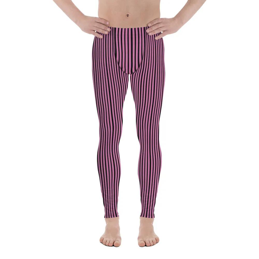 Pink Striped Men's Leggings, Modern Black and Pink Vertically Stripes Meggings-Made in USA/EU