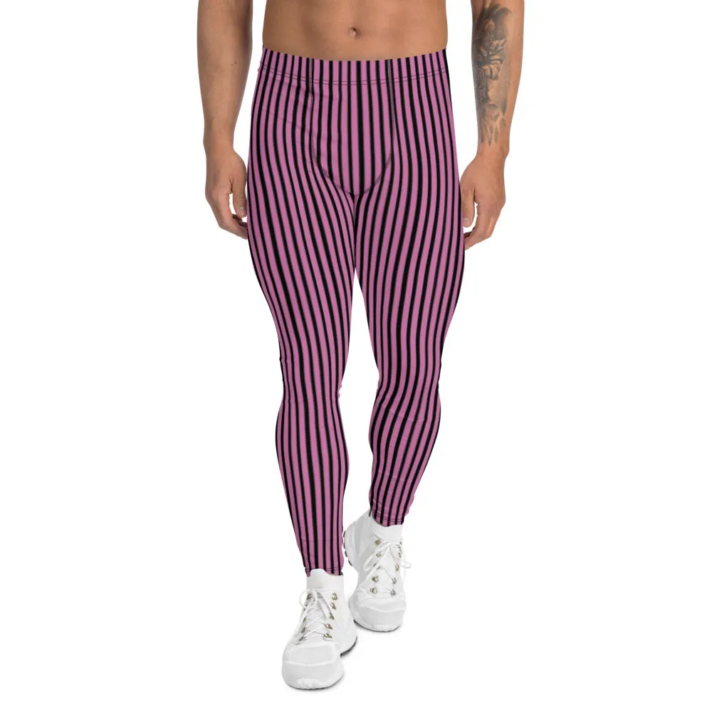 Pink Striped Men's Leggings, Modern Black and Pink Vertically Stripes Meggings-Made in USA/EU