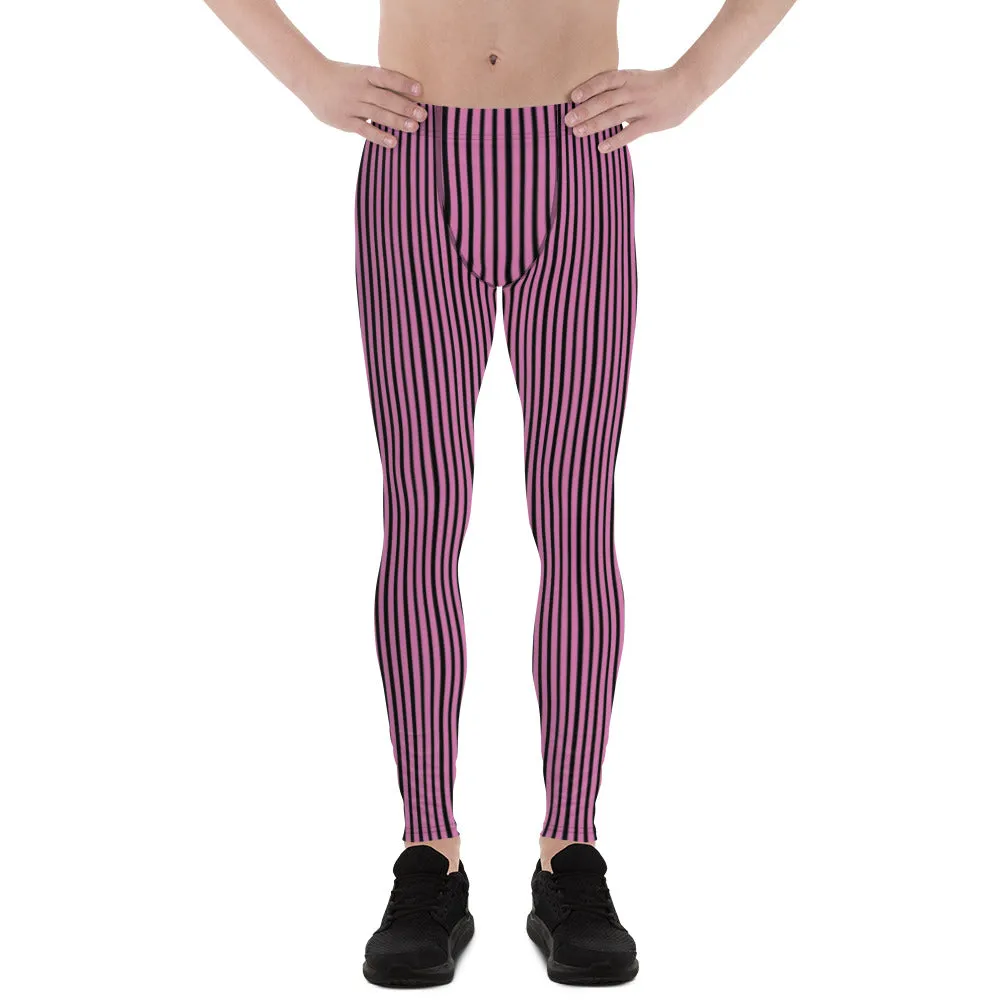 Pink Striped Men's Leggings, Modern Black and Pink Vertically Stripes Meggings-Made in USA/EU