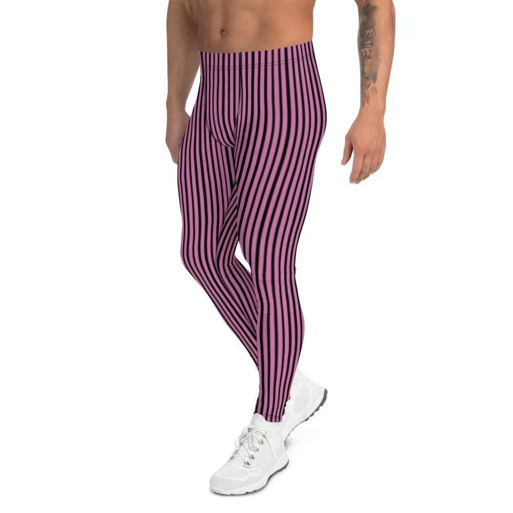 Pink Striped Men's Leggings, Modern Black and Pink Vertically Stripes Meggings-Made in USA/EU