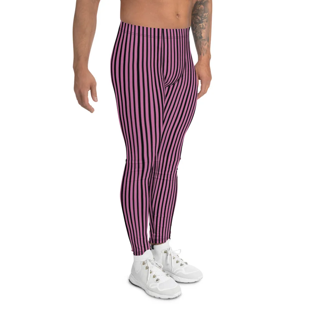 Pink Striped Men's Leggings, Modern Black and Pink Vertically Stripes Meggings-Made in USA/EU