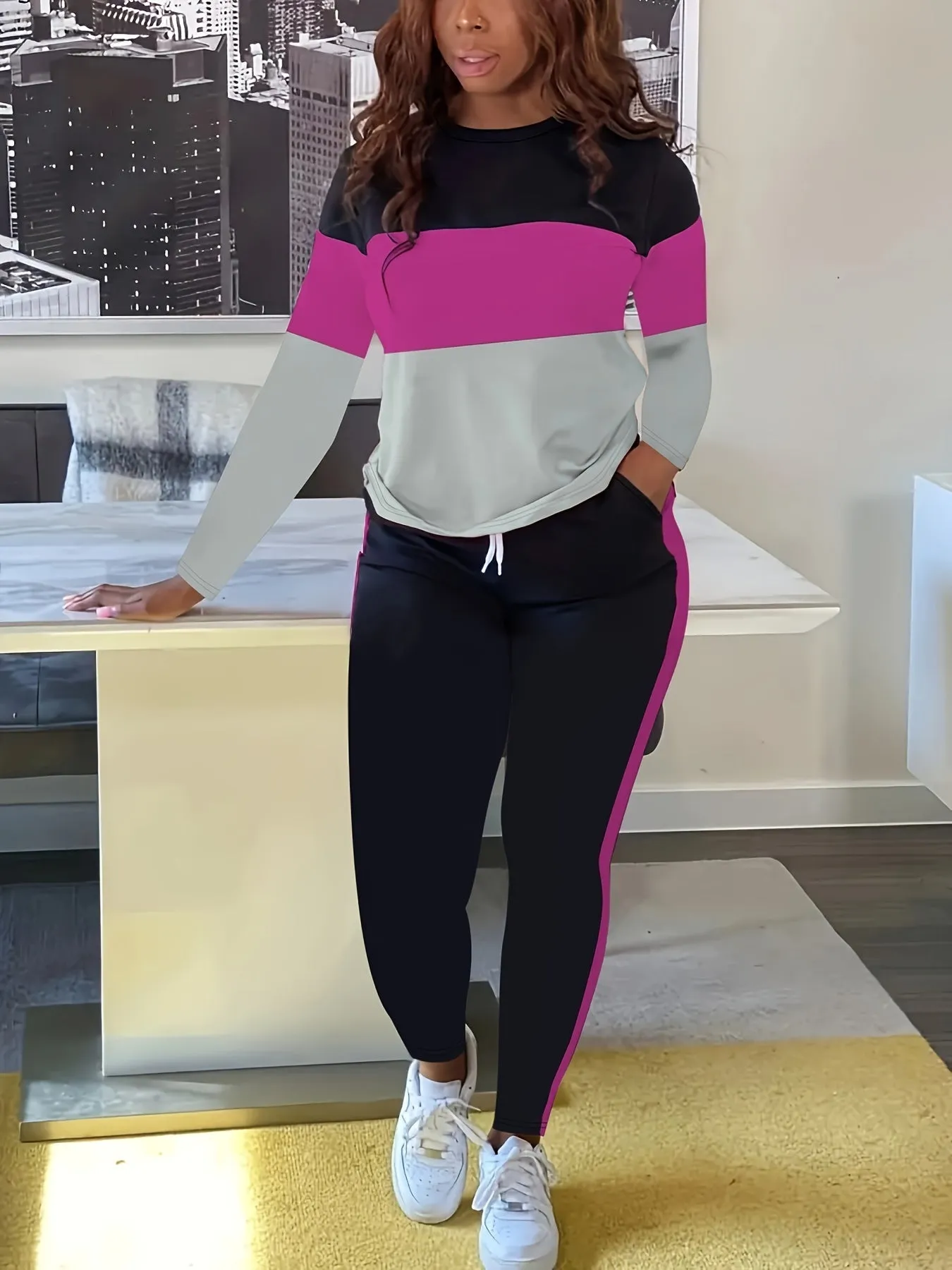 Plus Size Colorblock Crew Neck Long Sleeve Top & Drawstring Striped Joggers - Casual Two Piece Set for Women