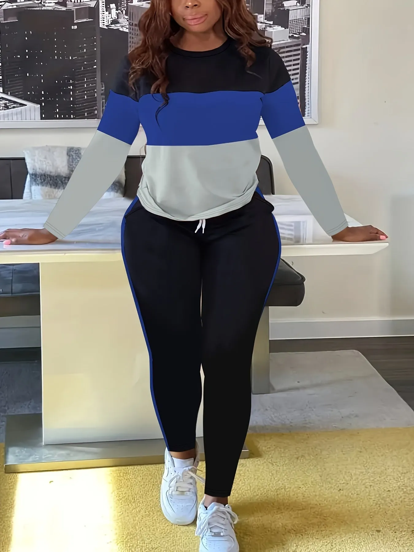 Plus Size Colorblock Crew Neck Long Sleeve Top & Drawstring Striped Joggers - Casual Two Piece Set for Women