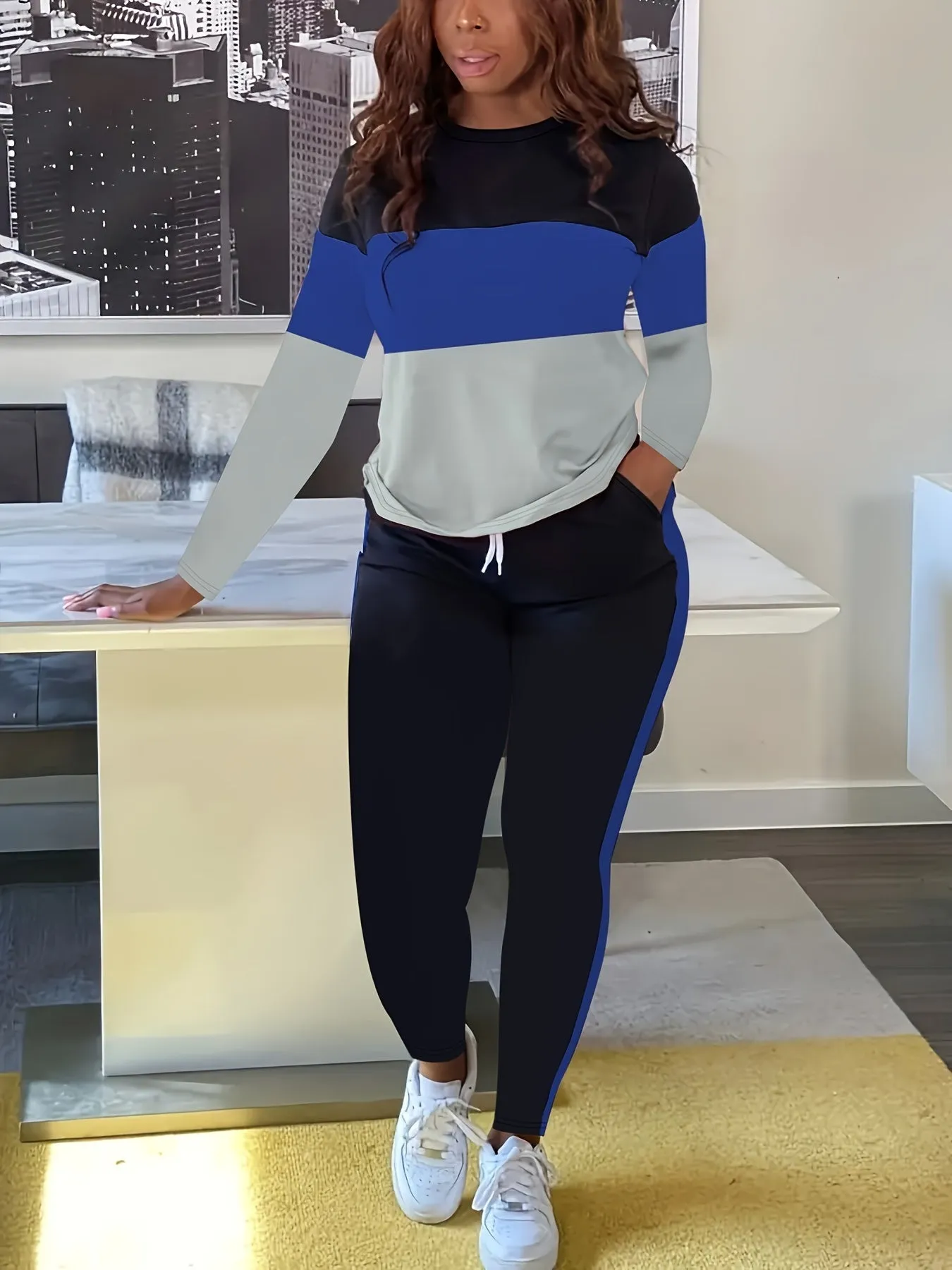 Plus Size Colorblock Crew Neck Long Sleeve Top & Drawstring Striped Joggers - Casual Two Piece Set for Women