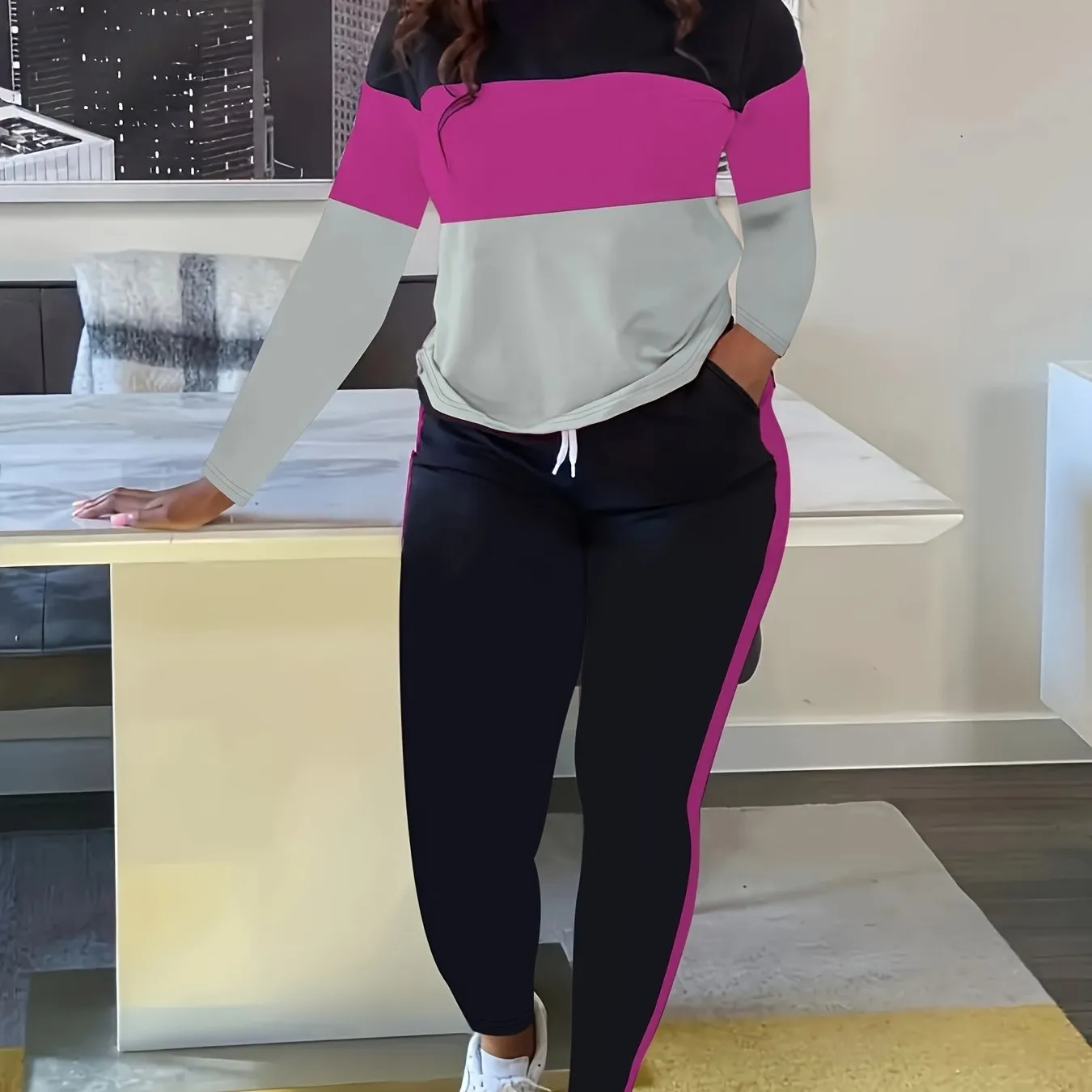 Plus Size Colorblock Crew Neck Long Sleeve Top & Drawstring Striped Joggers - Casual Two Piece Set for Women