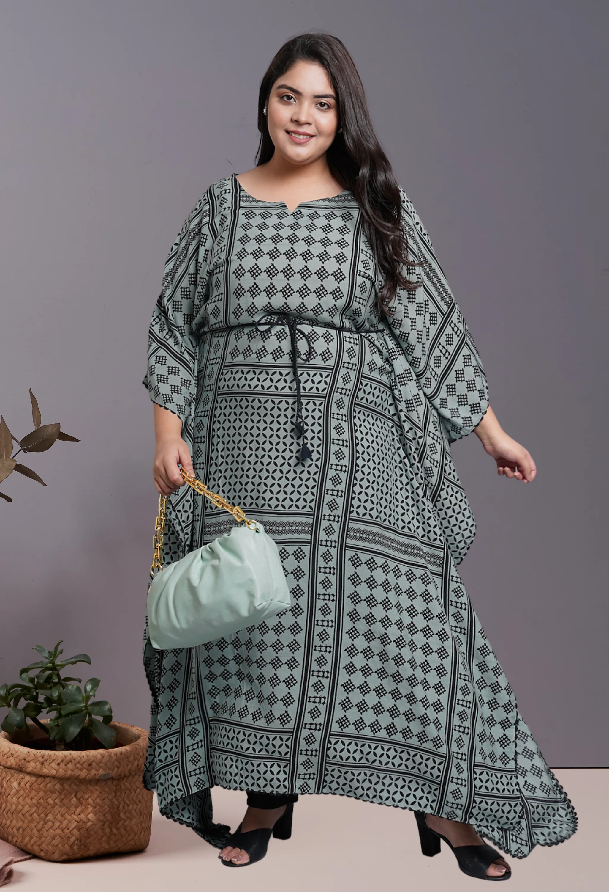 Plus Size Pistachio Green Kaftan Kurta Pant Set