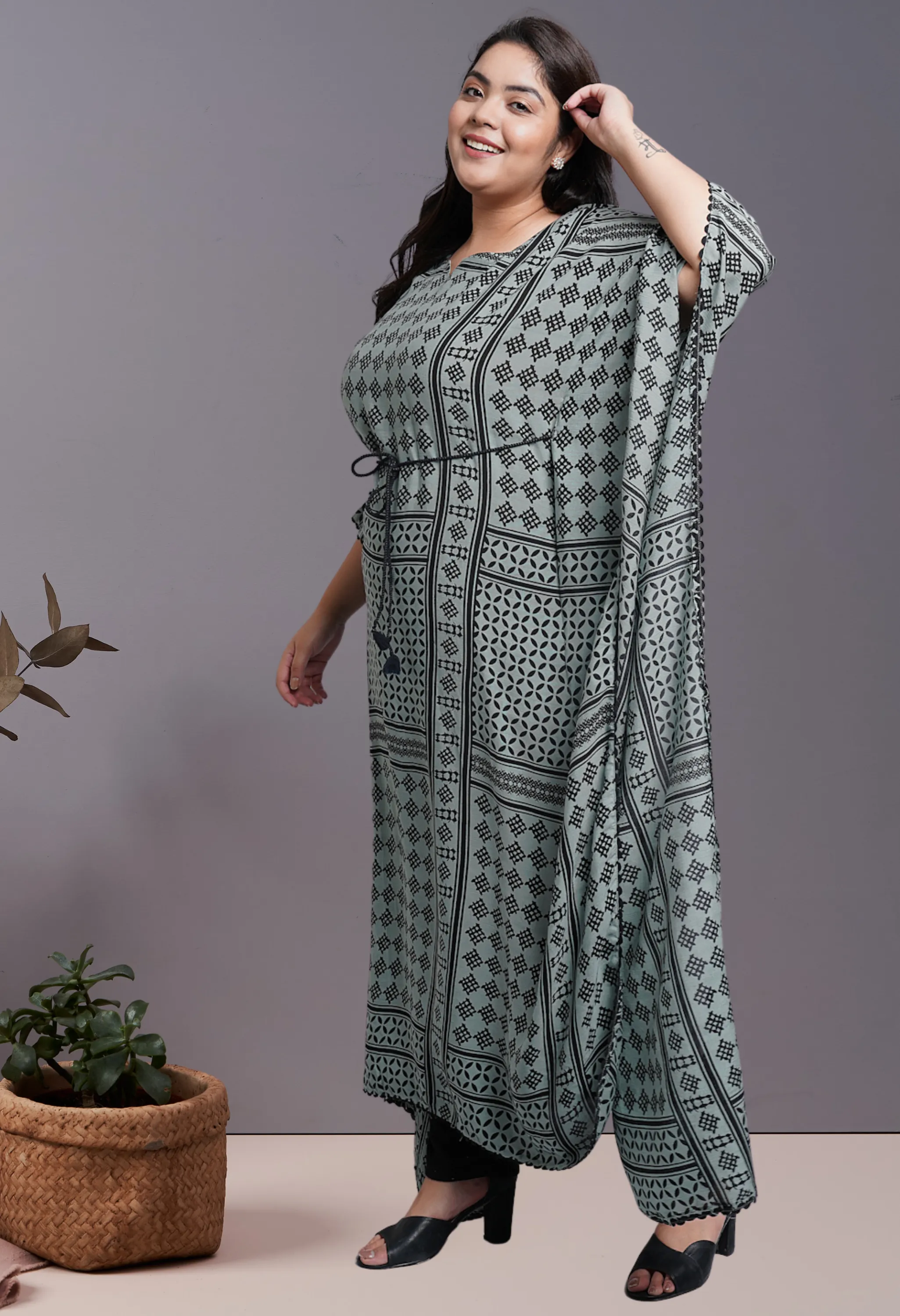 Plus Size Pistachio Green Kaftan Kurta Pant Set