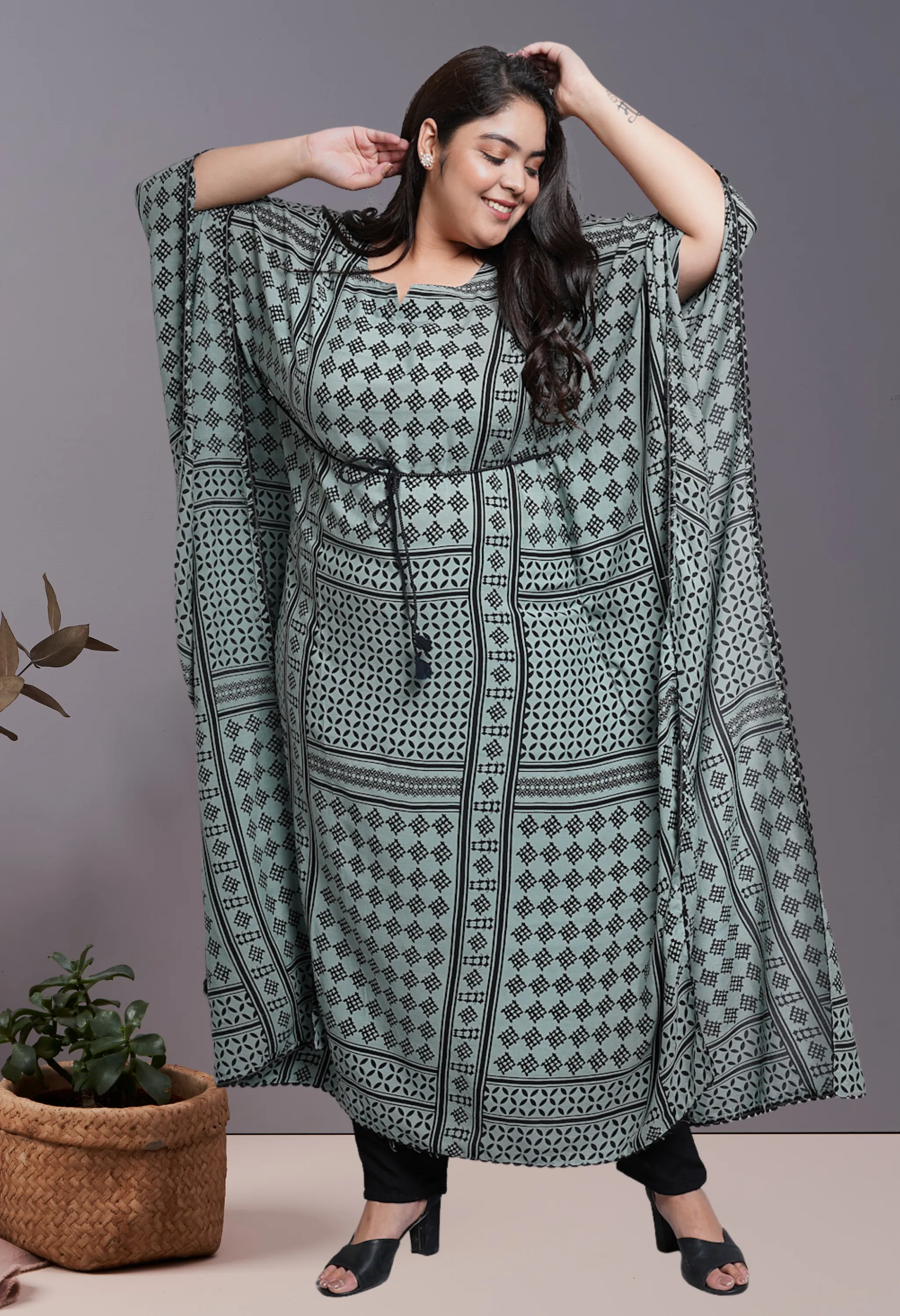 Plus Size Pistachio Green Kaftan Kurta Pant Set