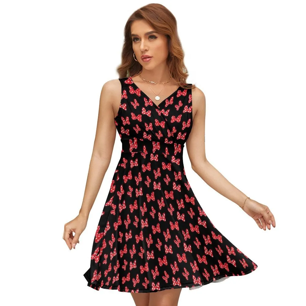 Polka Dot Bows V-Neck Sleeveless Dress