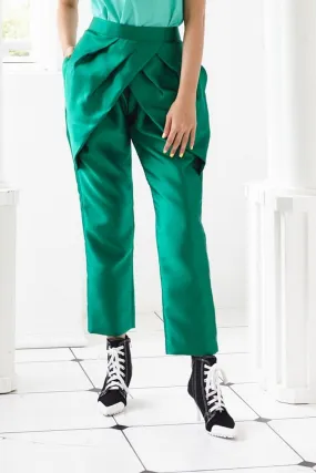 Pre-Order GREEN TAFFETA - PLEATED PETAL TROUSERS - GREEN