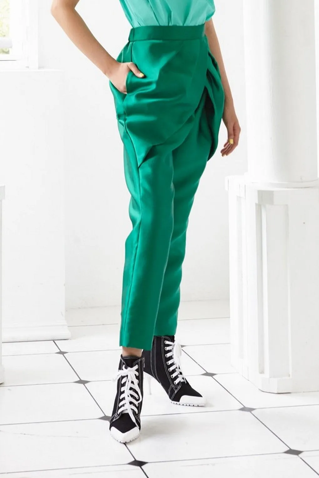 Pre-Order GREEN TAFFETA - PLEATED PETAL TROUSERS - GREEN