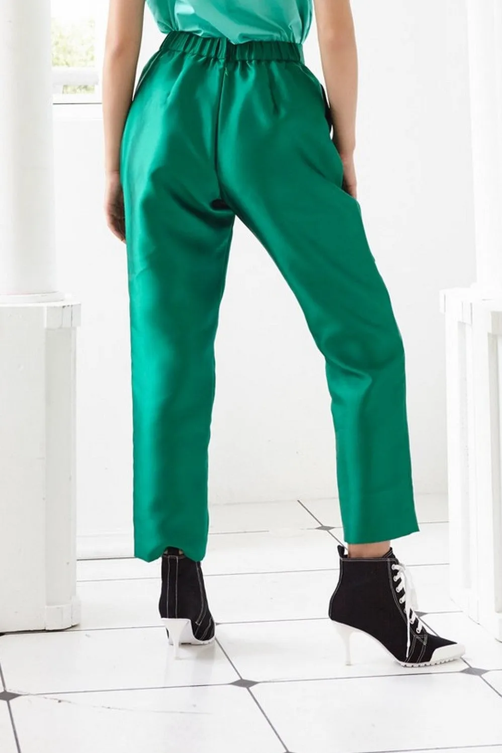 Pre-Order GREEN TAFFETA - PLEATED PETAL TROUSERS - GREEN